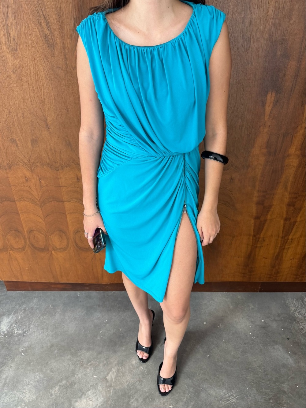Laundry By Shelli Segal Teal Draped Ruched Side-Slit Midi Dress